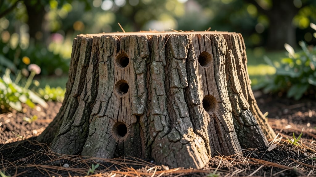 Classic Woodpecker Stump House with Drilled Holes