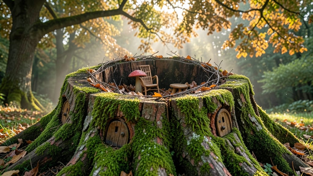 Moss-Covered Tree Stumps with Gnome Carvings