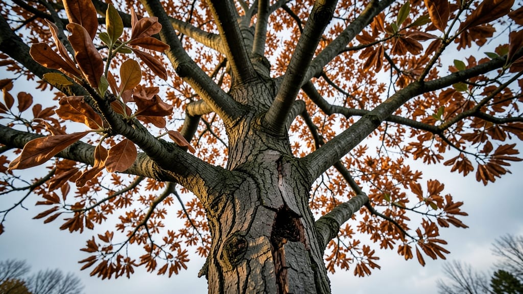 Copper-Colored Leaves with Cracked Bark Below