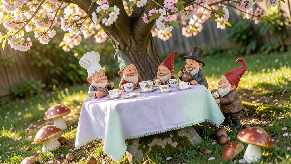 Gnome Tea Parties Under Flowering Trees
