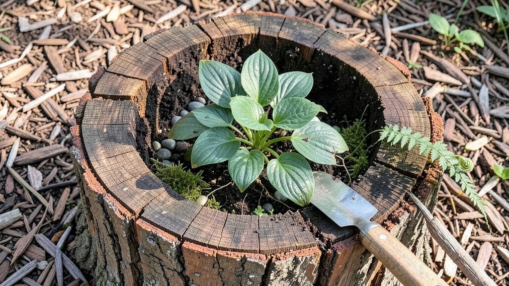 Hollowed-Out Tree Stump Planters: Rustic Upcycled Garden Statement Pieces
